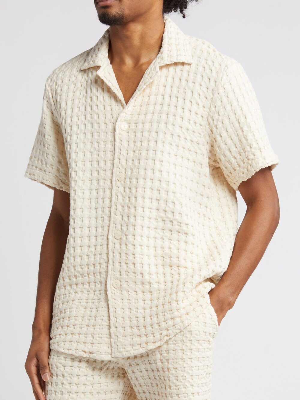 OAS Cuba Waffle Camp Knit Short Sleeve Ecru Button Down Shirt M